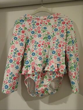 Kids Floral Ruffle One-Piece Swimsuit - White with Pink, Blue & Green
